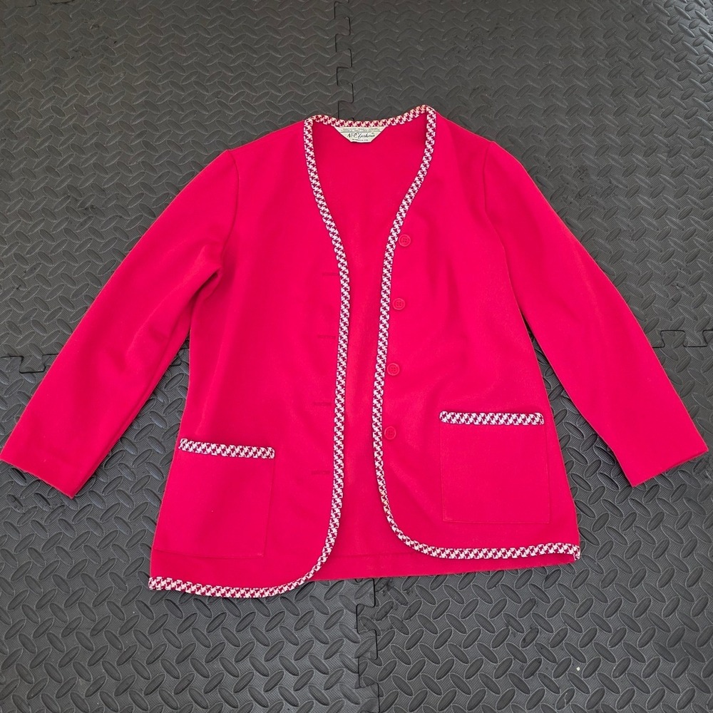 Vintage NPC Fashions Red Houndstooth Trim Womens Blazer Jacket 70s Retro